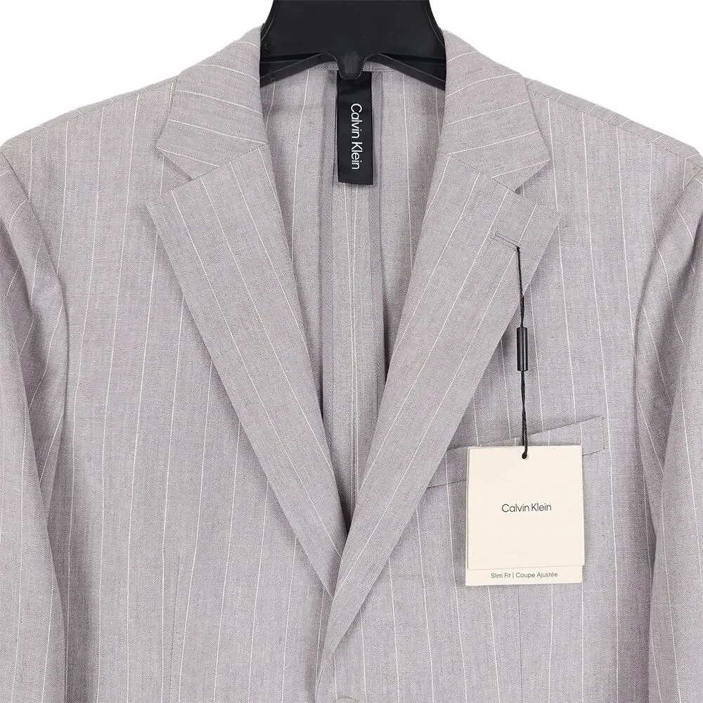 Calvin Klein Mens Slim Fit Suit Jacket 38S Grey Pinstripe Stretch Linen Blend